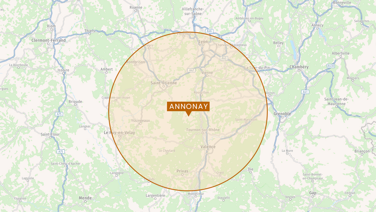 Zone de déplacement autour d'Annonay dans la région Rhône-Alpes